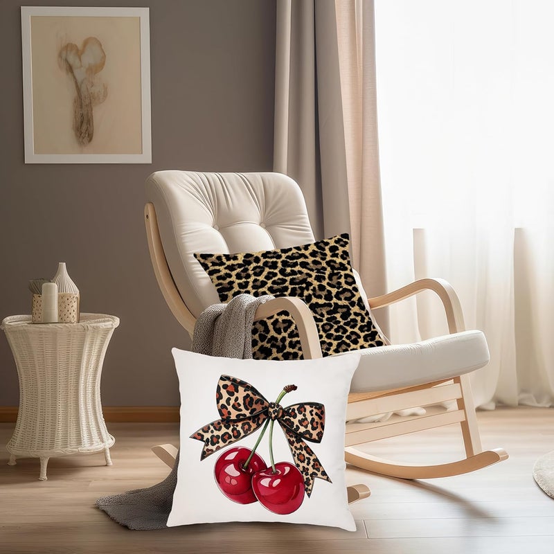 Nipil Trendy Leopard Cheetah Bow Cherry Pillow Covers 18x18 Set of 2, Coquette Cheetah Room Decor, Trendy Cheetah Print Decorative Throw Pillow Covers Pillowcases for Girly Room Bedroom Dorm Apartment - Image 5